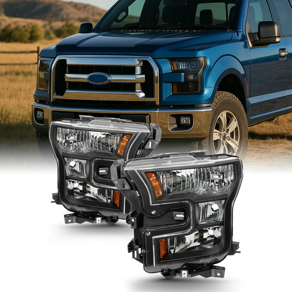 AKKON - For 2015 2016 2017 Ford F-150 F150 Factory Halogen Model Black Housing Headlight Lamp Set (Driver & Passenger Side)