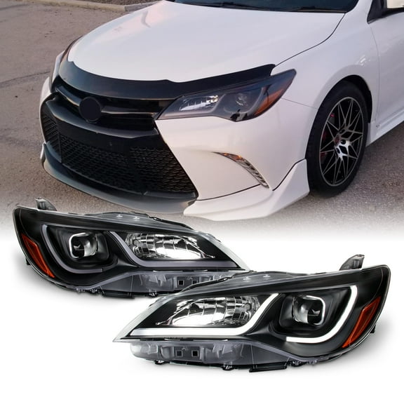 AKKON - For 2015-2017 Toyota Camry LED Light Tube DRL Projector Pair Headlights - Pair Black Housing