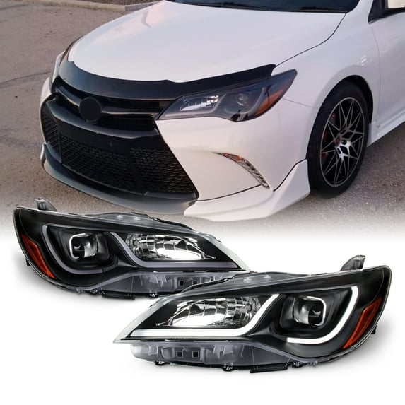 AKKON - For 2015-2017 Toyota Camry LED Light Tube DRL Projector Pair Headlights - Pair Black Housing