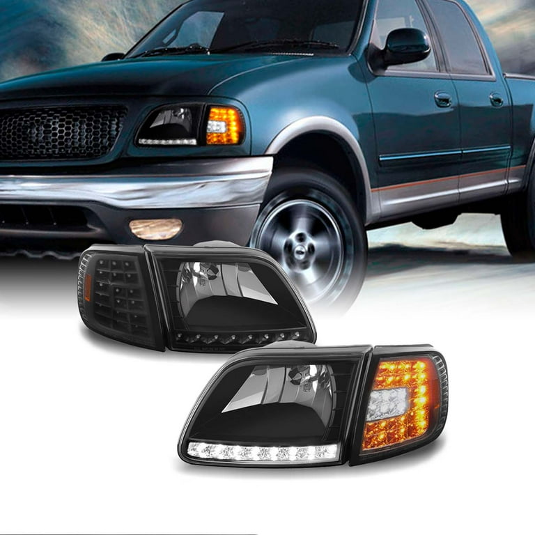 AKKON For 97 03 Ford F150 97 02 Expedition Black DRL LED Headlights w LED Corner Signal Lights Replacement