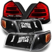 AKKON - For 98-11 Ford Crown Victoria Black Bezel Headlight W/ Corner light + Red Lens LED Tail Brake Light Pair