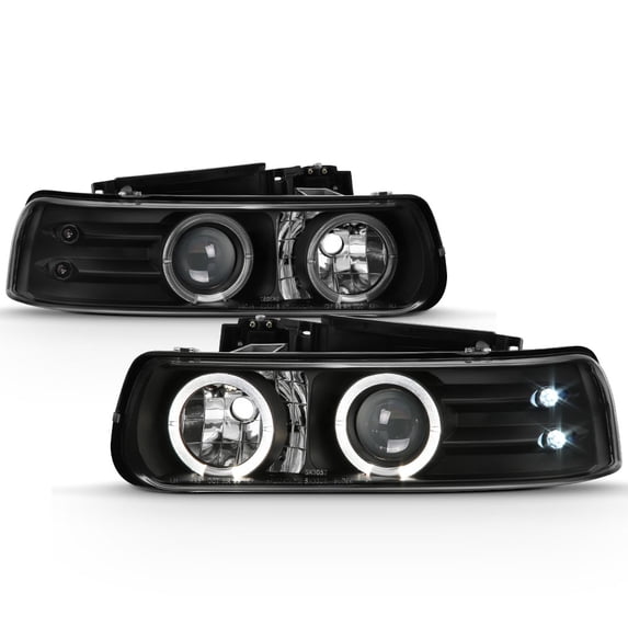 AKKON - For 99 00 01 02 Chevy Silverado Suburban Tahoe Black Ring Projector LED Headlights Pair Left+Right Replacement