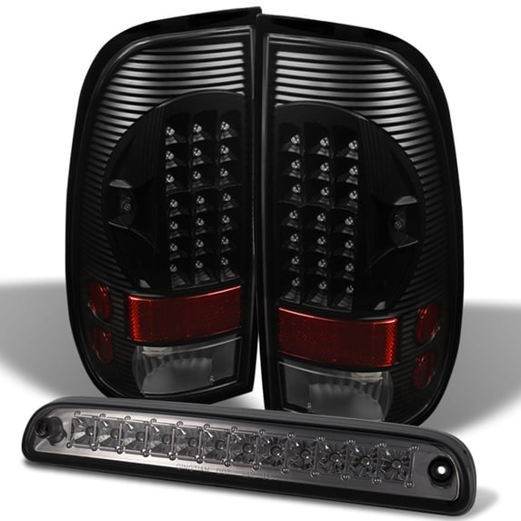 AKKON - For 99-07 F250/F350/F450/F550 Superduty Pickup Truck Black LED Styleside Tail Lights + Smoked Rear 3rd Third Brake Light