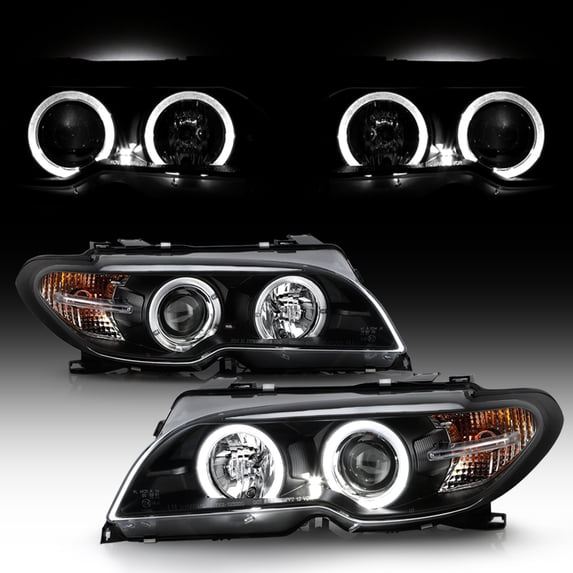 AKKON - For BMW E46 3-Series 2 Doors Coupe Black Halo Ring LED Projector Replacement Headlights LH + RH Lamps