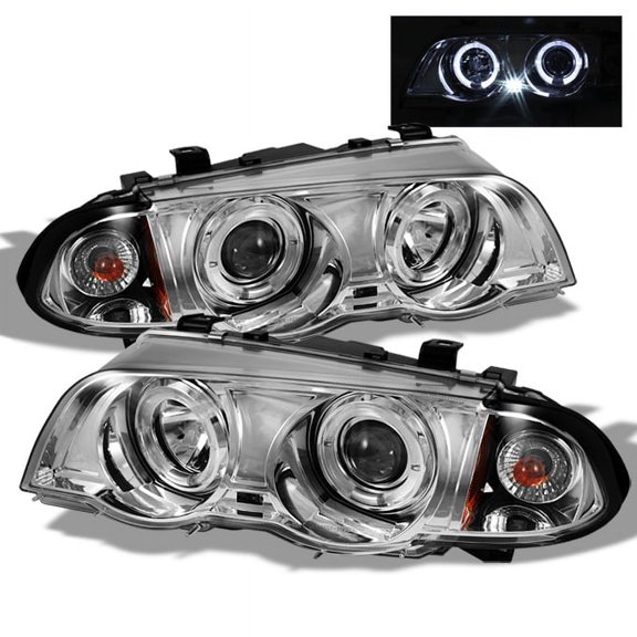 AKKON - For BMW E46 3-Series 4 Doors Sedan Chrome Halo Ring LED Projector Headlights Replacement Left + Right