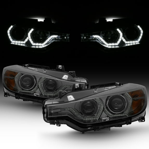AKKON - For BMW F30 3-Series 4 Doors Sedan Smoked Lens Factory Halogen Type Dual U-LED Ring Projector Headlights