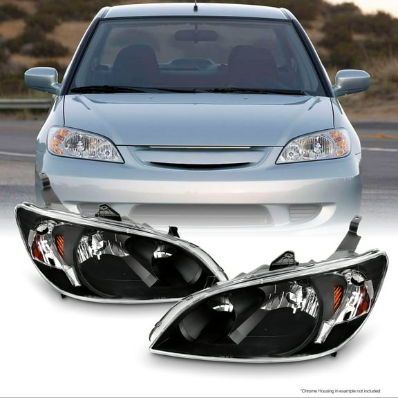 AKKON - For Black 2004 2005 Honda Civic Headlights Front Headlamps Pair Direct Replacement Left + Right