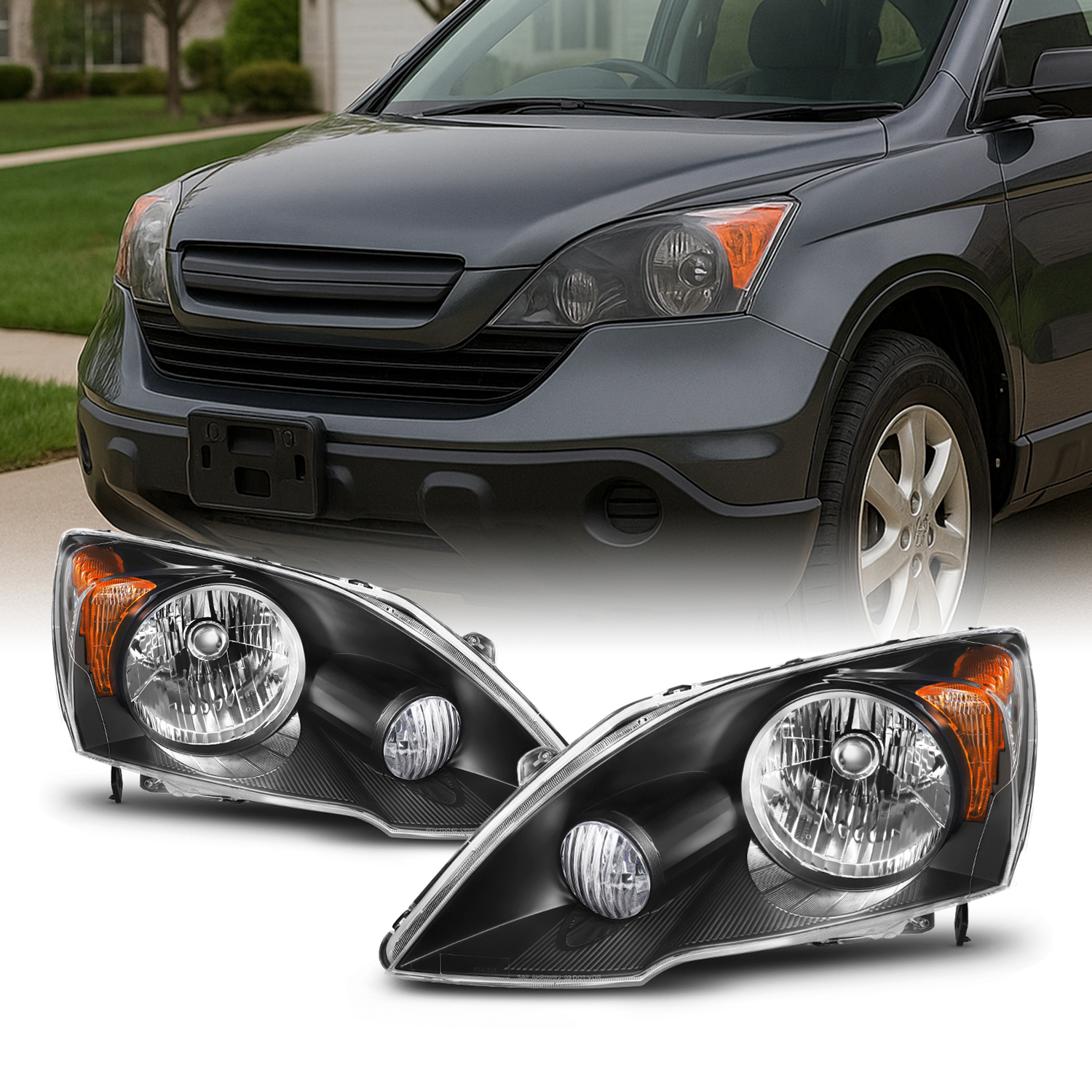 AKKON - For [Black] 2007 2008 2009 2010 2011 Honda CRV CR-V Driver and Passenger Side Headlights Pair