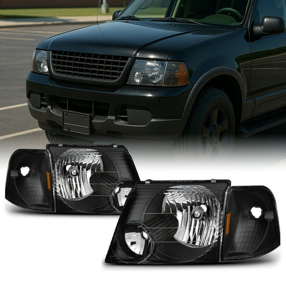 AKKON - For Black Bezel 02-05 Ford Explorer Headlights Replacement + Corner Bumper Signal Lamps 6pcs Set
