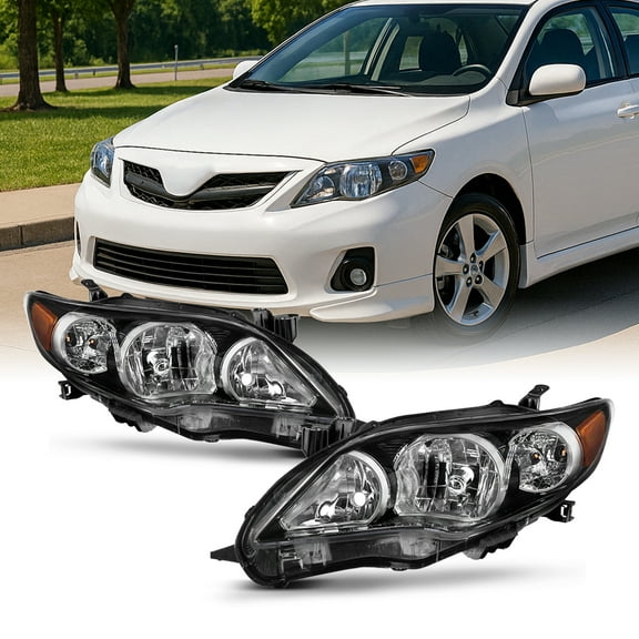 AKKON - For Black Bezel 2011-2013 Toyota Corolla Headlights Front Lamps Direct Replacement Left + Right Pair