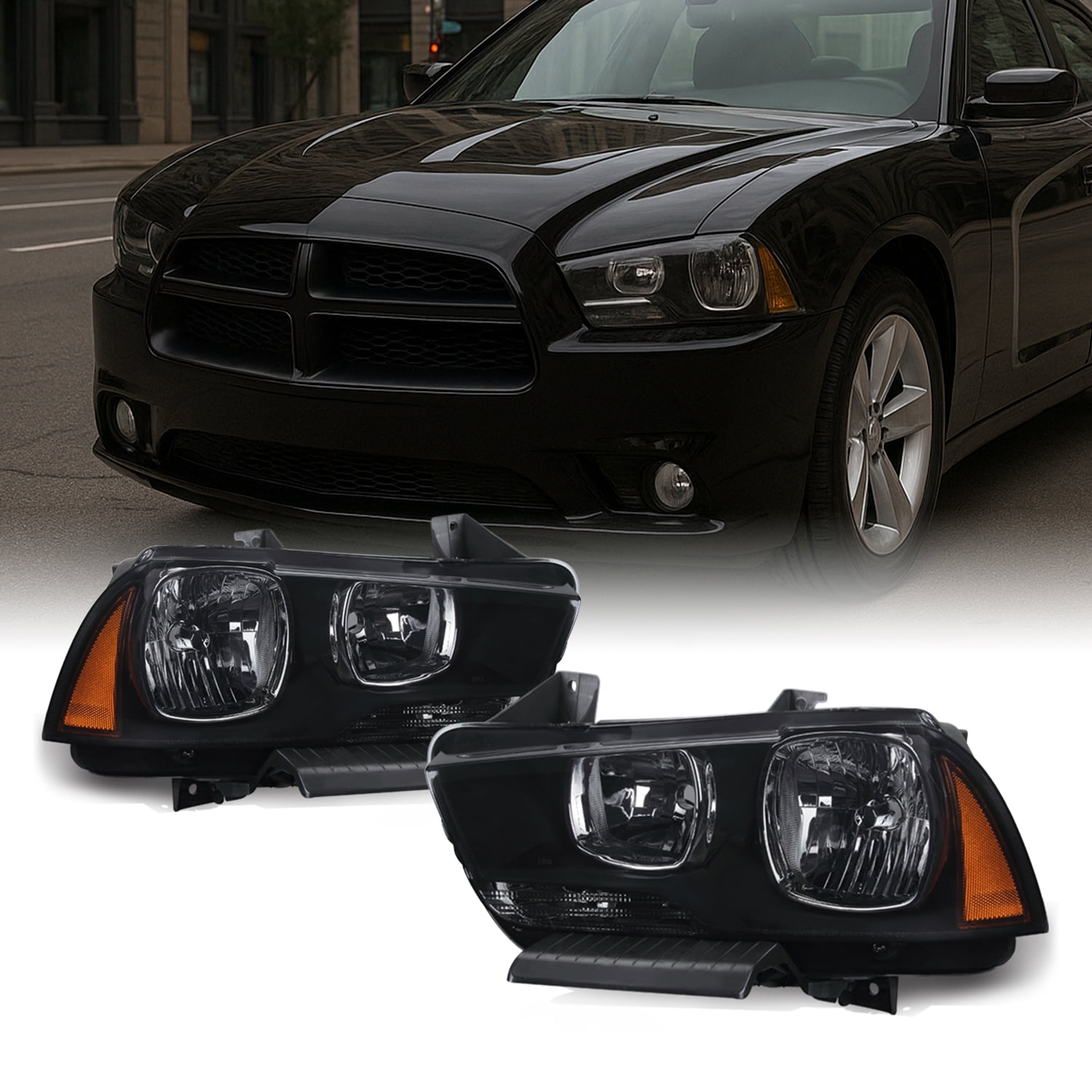 AKKON - For Black Smoke 11-14 Dodge Charger Headlights Front Lamps Direct Replacement Pair Left + Right