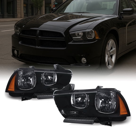 AKKON - For Black Smoke 11-14 Dodge Charger Headlights Front Lamps Direct Replacement Pair Left + Right