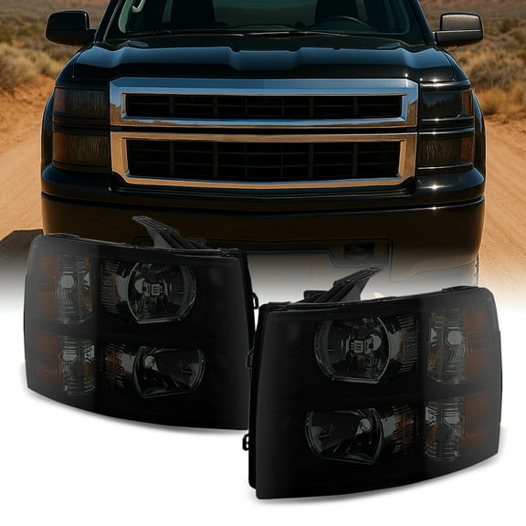 AKKON - For Black Smoked 2007-2013 Chevy Silverado 1500 2500HD 3500HD Pickup Truck Headlights Front Lamps Replacement Pair