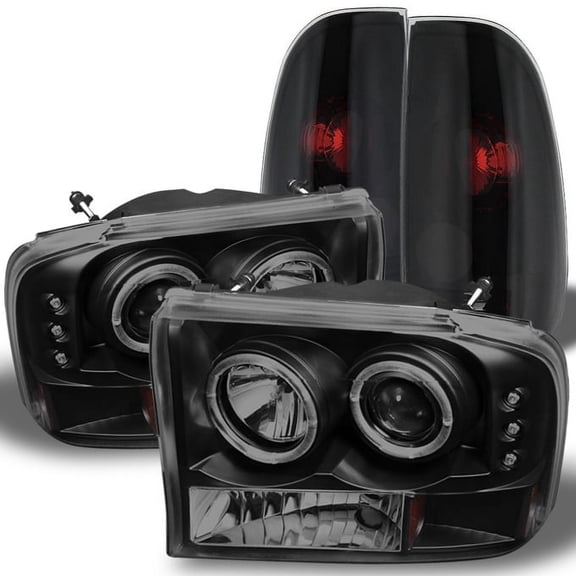AKKON - For Black Smoked Ford 1999-2004 F250 F350 F450 F550 Superduty Dual Halo Projector LED Headlights + Tail Light Lamp