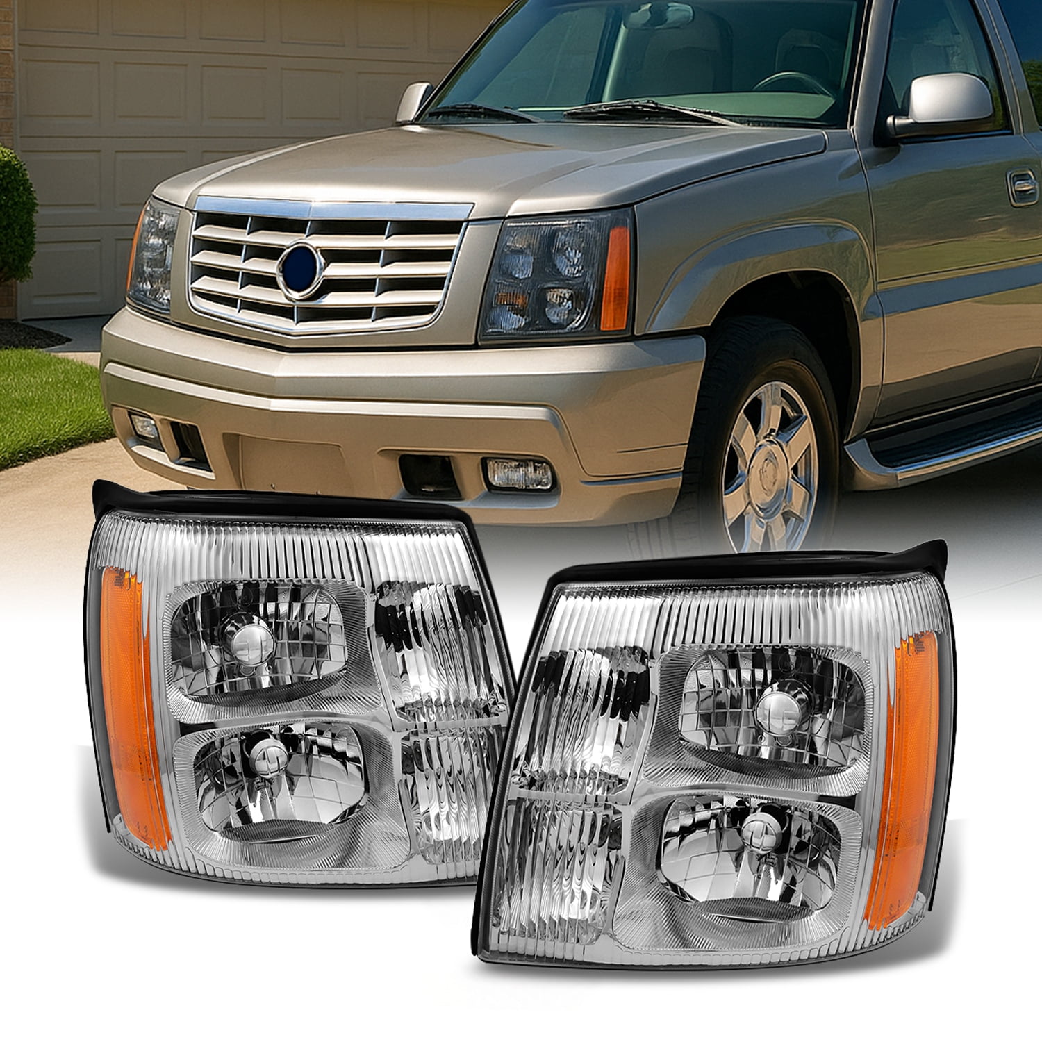 AKKON - For Cadillac Escalade Chrome Clear Halogen Type Headlights Front Lamps Replacement Pair Left + Right