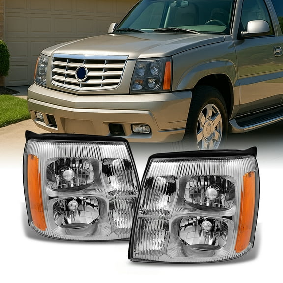 AKKON - For Cadillac Escalade Chrome Clear Halogen Type Headlights Front Lamps Replacement Pair Left + Right