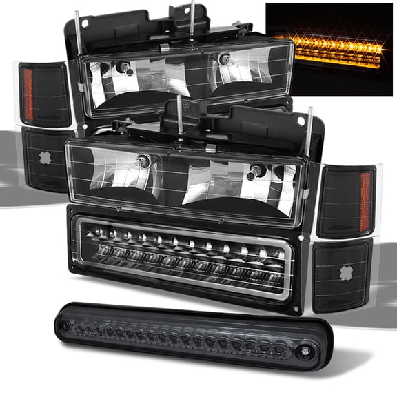 AKKON - For Chevy 94-98 C10 C/K 1500 2500 3500 Black Headlights +LED Bumper Signal+Corner+Smoked LED 3Rd Brake