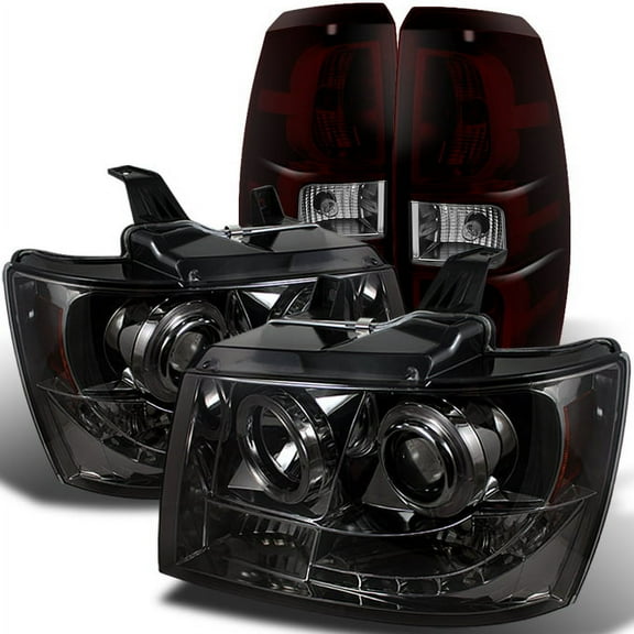 AKKON - For Chevy Avalanche Halo LED Smoked Halo Projector Headlights Replacement + Dark Red Tail Lights Lamps