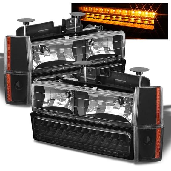 AKKON - For Chevy C/K Series Silverado Suburban Tahoe Pickup Truck Black Housing Headlight + LED Bumper + Corner Light Set