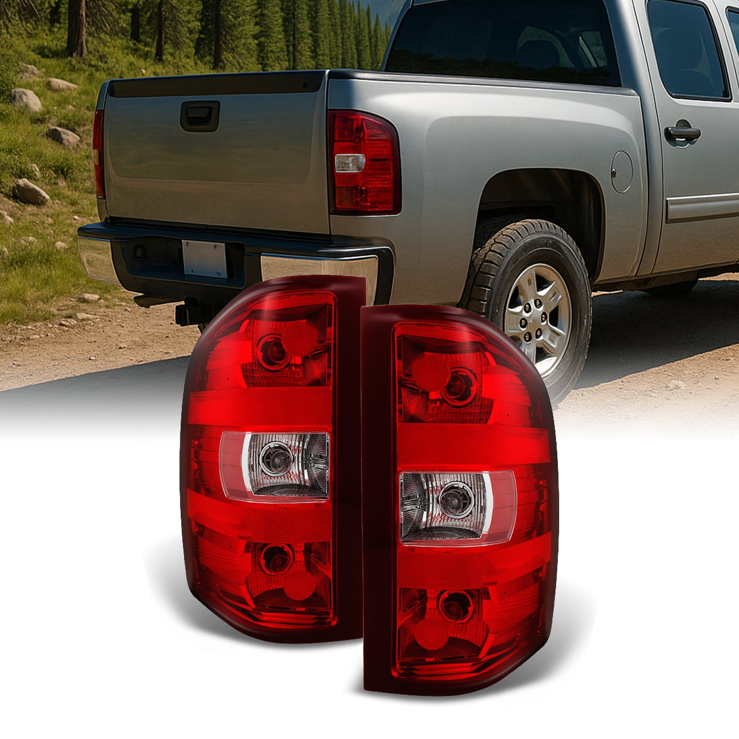 AKKON - For 07-14 Chevy Silverado Pickup Truck Rear Red Clear Tail Lights Brake Lamps Replacement Pair Left + Right