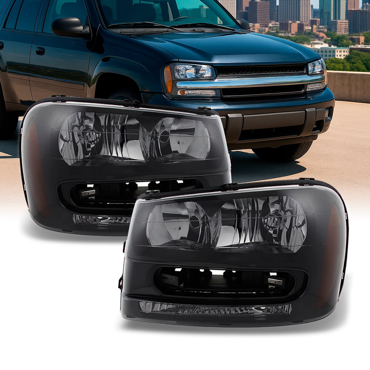 AKKON - For Chevy TrailBlazer SUV Black Smoke Headlights Headlamps Front Lamps Replacement Pair