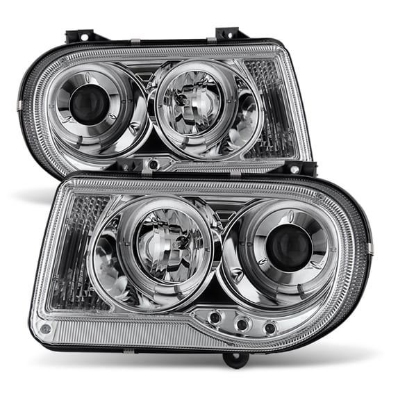 AKKON - For Chrysler 300C Sedan Halogen Type Chrome Clear Dual LED Rings Design Projector Headlights Lamps Pair