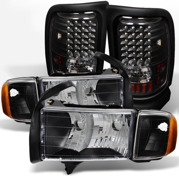 AKKON - For Dodge Pickup Ram 99-02 1500/ 2500/ 3500 Sport Black Headlight + LED Tail Brake Lamp Combo