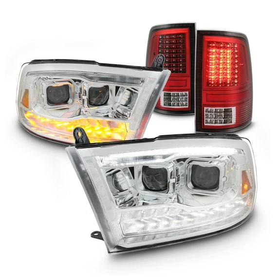 AKKON - For Dodge Ram 09-18 Light Bar DRL & High/Low Projector Beam + Tail Lights Crystal Lens