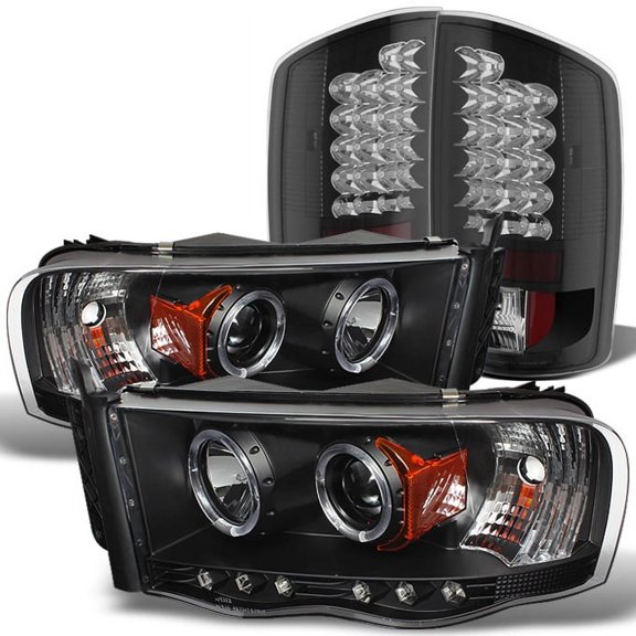 AKKON - For Dodge Ram 1500 2500 3500 Black Dual Halo Projector Headlights + Black LED Perform Tail Lamps Combo
