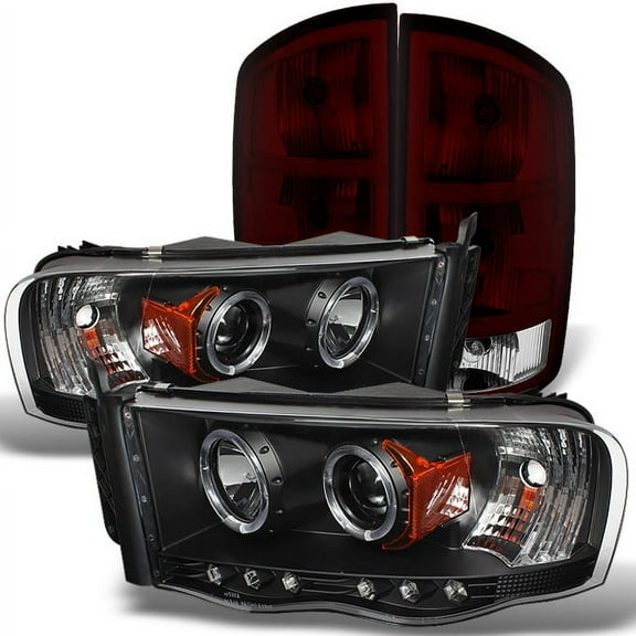 AKKON - For Dodge Ram 1500 2500 3500 Pickup Black Dual Halo Projector LED Headlights + Dark Red Tail Light Lamp