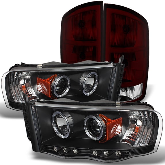 AKKON - For Dodge Ram 1500 2500 3500 Pickup Black Dual Projector LED Headlights + Dark Red Tail Light Lamp