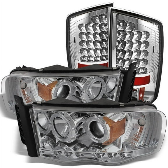 AKKON - For Dodge Ram 1500 2500 3500 Pickup Chrome Dual Halo Projector LED Headlights + LED Tail Lights Lamp