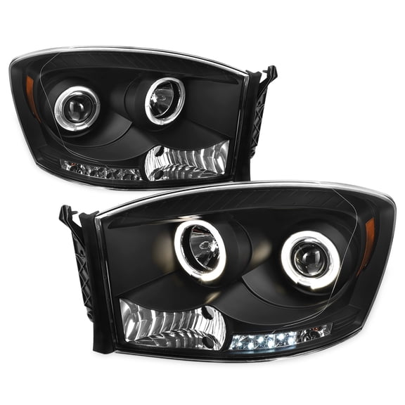 AKKON - For Dodge Ram Pickup Truck Black Bezel Dual LED Ring Projector Headlights Left + Right Replacement