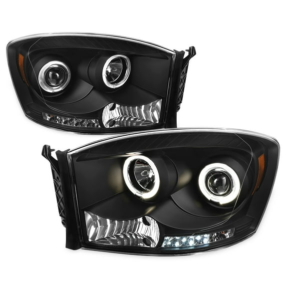 AKKON - For Dodge Ram Pickup Truck Black Bezel Dual LED Ring Projector Headlights Left + Right Replacement