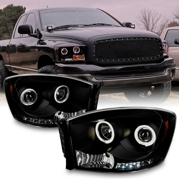 AKKON - For Dodge Ram Pickup Truck Black Smoke Dual LED Ring Projector Headlights Left + Right Replacement
