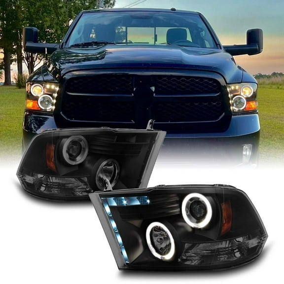 AKKON - For Dodge Ram Pickup Truck Black Smoke Dual Halo Ring LED Projector Headlights Replacement Left + Right