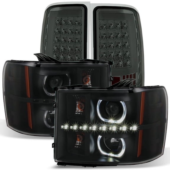 AKKON - For [Dual LED Ring] 07-13 Sierra Pickup Truck Black Smoked Projector Headlights + LED Tail light Combo