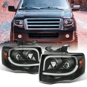 AKKON - For Ford Expedition Black Bezel Latest LED Daylight Tube Design Projector Headlights Front Lamps Pair