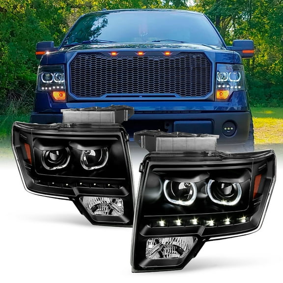 AKKON - For Ford F150 Black Exclusive Halo Projector SMD DRL LED Headlights Driver + Passenger Side Pair