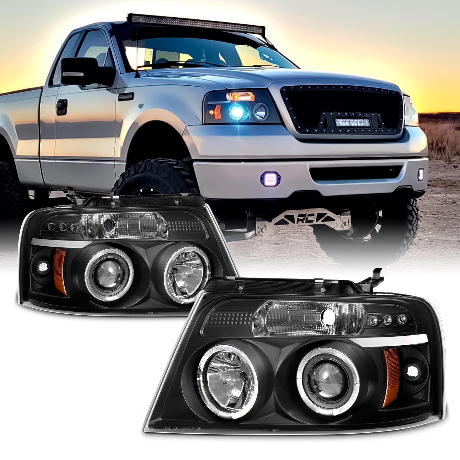 AKKON - For Ford F150 F-150 Pickup Black Bezel Dual Halo LED G2 Projector  Headlights Front Lamps Replacement - Walmart.com, image size:1500x1500