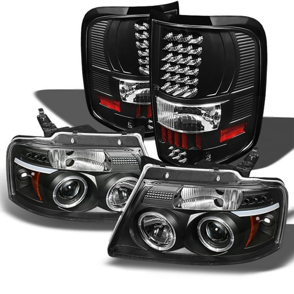 AKKON - For Ford F150 Pickup Black Bezel Dual Halo LED G2 Projector Headlights + Tail Lamp Set