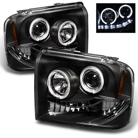 AKKON - For Ford F250/F350/F450/F550 SuperDuty 05 Excursion Black Bezel Dual Halo Ring LED Projector Headlights Pair