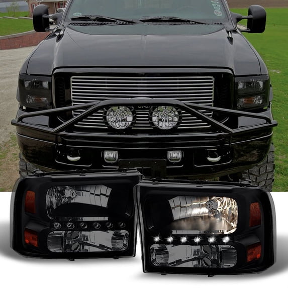 AKKON - For Ford F250/F350 Superduty Excursion Black Smoke LED Headlights Replacement Left + Right Pair Set
