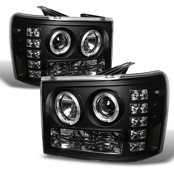 AKKON - For GMC Sierra 1500/2500/3500 Pickup Truck Black Bezel Dual Halo LED Projector Headlights Replacement