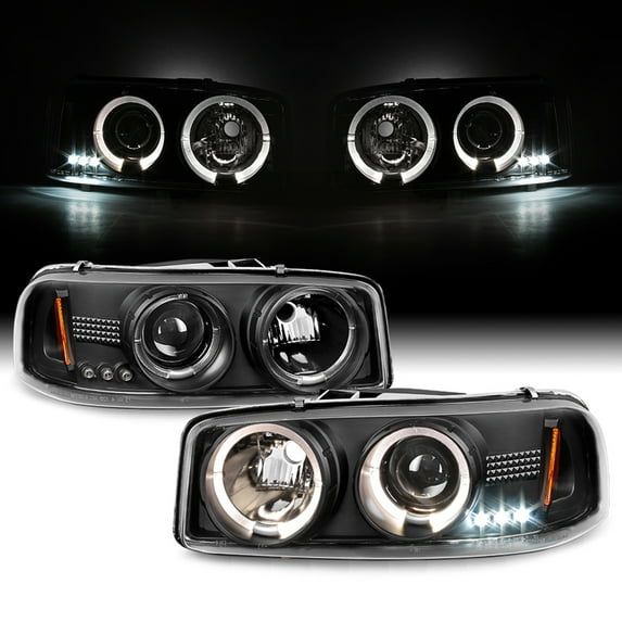 AKKON - For GMC Sierra Yukon Denali Pickup Black Halo Ring LED Projector Replacement Headlights Left/Right Lamps