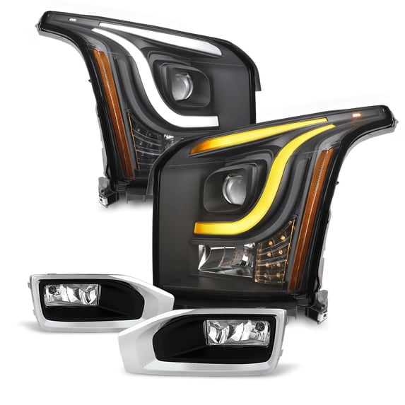AKKON - For GMC Yukon / Yukon XL 2015-2018 Switchback LED DRL Bar Projector Headlights Black Housing & Chrome Fog Lights