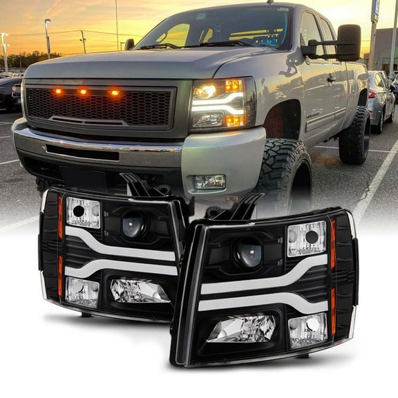 AKKON - For GMT900 Chevy Silverado Pickup Truck Dual LED Tube DRL Black Projector Headlights Pairs Lamps
