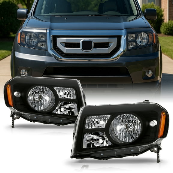 AKKON - For Honda Pilot SUV Black Headlights Head Lamps Driver Left + Passenger Right Side Replacement Pair Set