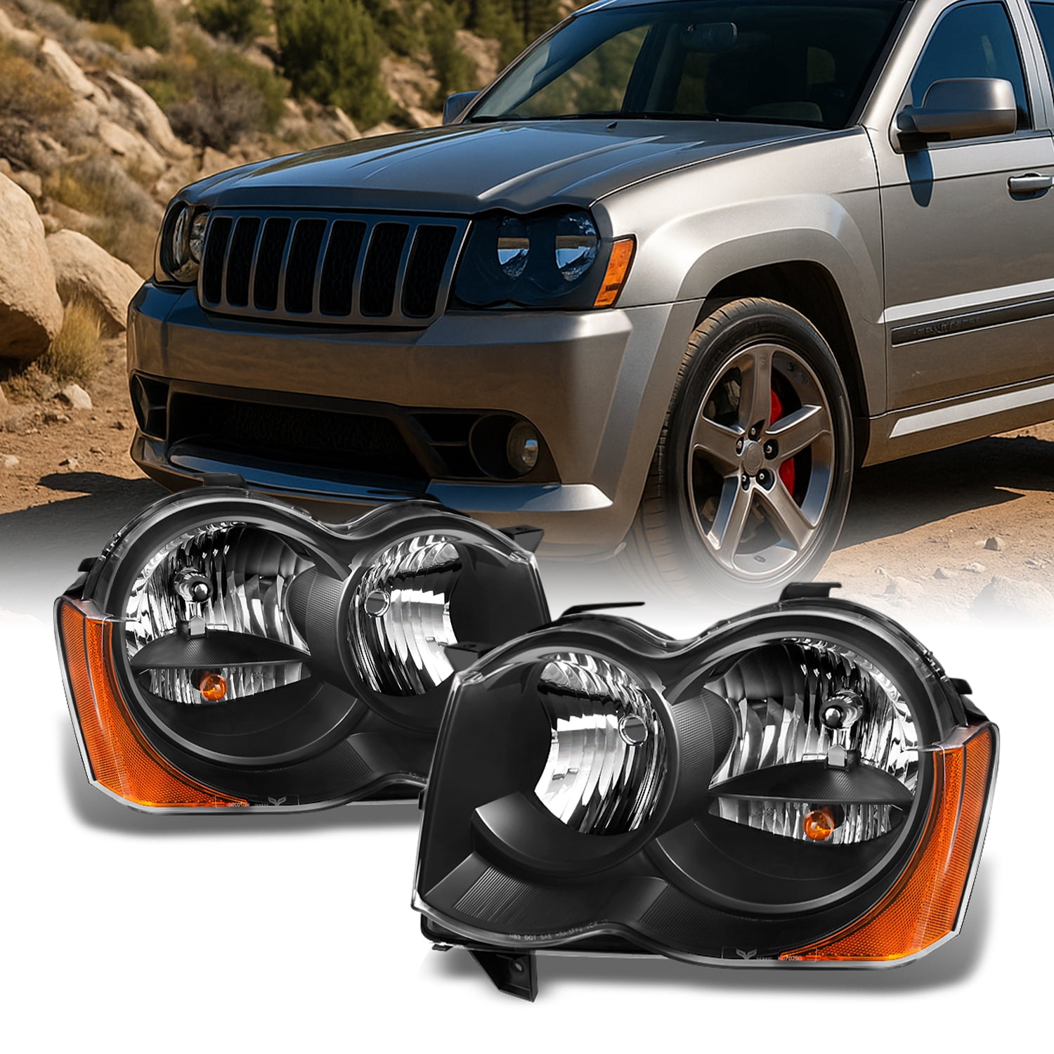 AKKON - For Jeep Grand Cherokee Halogen Type Black Headlights Driver and Passenger Side Replacement Set
