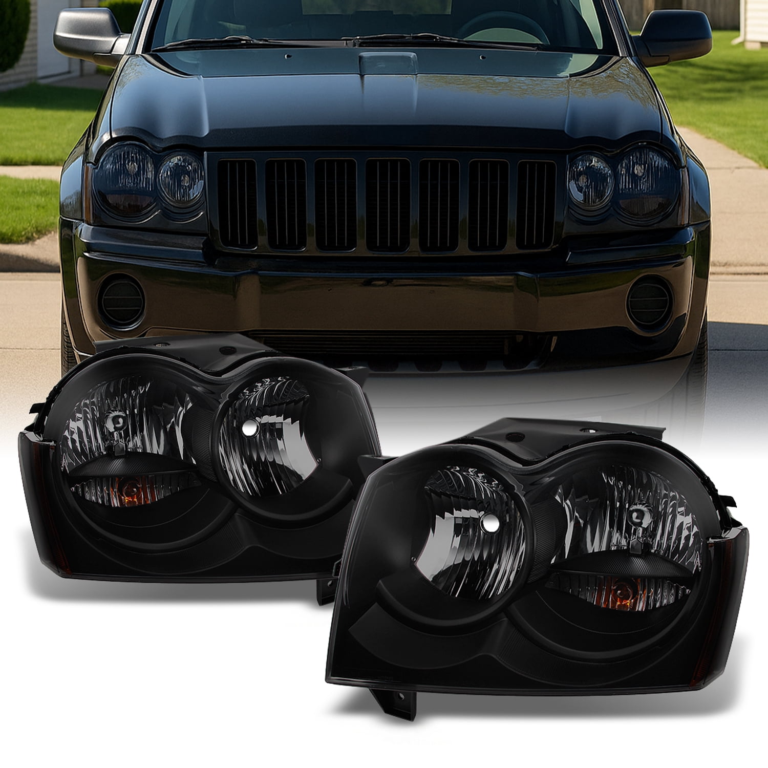 AKKON - For Jeep Grand Cherokee Replacement Headlights DriverPassenger Black Head Lamps Pair New